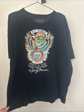 Ed Hardy Black Tee with Vibrant Multicolor Phoenix Graphic